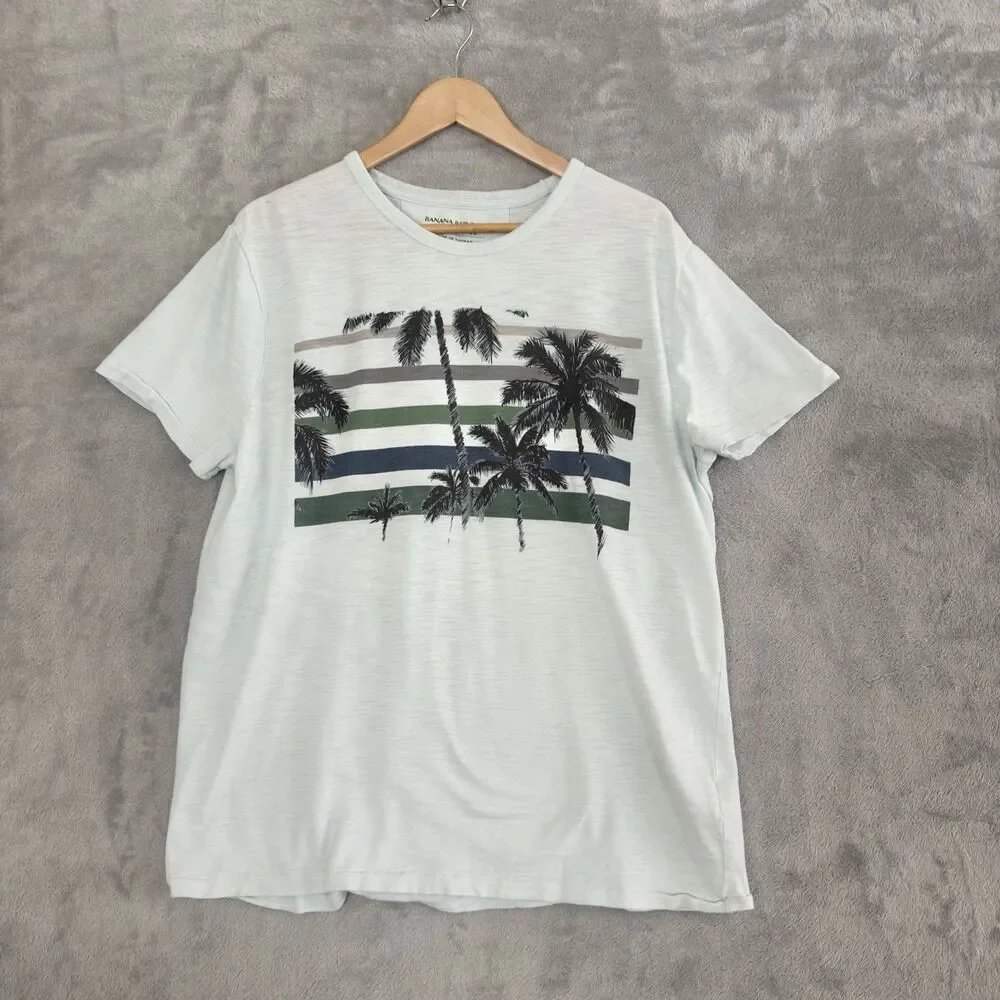 Banana Republic Vintage Graphic T Shirt Mens Large Aqua Palm Stripe Short Sleeve